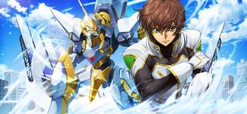 1boy arm_at_side artist_request blue_background blue_sky bodysuit brown_hair city clenched_hand closed_mouth cloud code_geass code_geass:_lost_stories day game_cg gem glint gloves gold_trim green_eyes hand_up highres kururugi_suzaku lancelot_(code_geass) lancelot_z-01 leaning_forward looking_at_viewer male_focus mecha non-web_source official_art on_one_knee outdoors red_gemstone robot serious short_hair sidelocks sky solar_panel solo v-shaped_eyebrows white_bodysuit white_gloves wind
