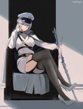 1girl absurdres artist_name black_thighhighs blue_eyes breasts buttons cloak collared_cloak commission cosplay crossed_legs double-breasted dress garter_straps gloves hat high_heels highres kotone_montagne large_breasts long_hair long_sleeves looking_at_viewer megami_tensei military_hat persona persona_5 persona_5:_the_phantom_x pixiv_commission rapier rwby rwby_ice_queendom shoes short_dress single_glove sitting skindentation solo swept_bangs sword thighhighs tomatoketchup96 weapon weiss_schnee weiss_schnee_(cosplay) white_cloak white_dress white_gloves white_hair white_hat white_shoes