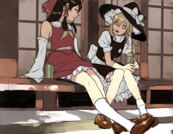 Rule 34 | 2girls, apron, black hair, black hat, black skirt, black vest, blonde hair, bow, brown shoes, closed eyes, collar, commentary, cup, detached sleeves, double-parted bangs, frilled hair tubes, frilled skirt, frills, hair between eyes, hair bow, hair tubes, hakurei reimu, hat, hat bow, hat ribbon, holding, holding cup, junny, kirisame marisa, long hair, long legs, long sleeves, midriff peek, multiple girls, neckerchief, open mouth, outdoors, porch, puffy short sleeves, puffy sleeves, red bow, red shirt, red skirt, ribbon, shade, shirt, shoes, short sleeves, shouji, shrine, sitting, skirt, sliding doors, socks, talking, touhou, vest, white apron, white bow, white collar, white ribbon, white shirt, white sleeves, white socks, wide sleeves, witch hat, yellow eyes, yellow neckerchief, yunomi