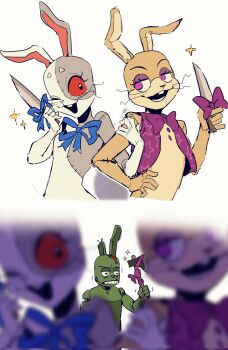 1boy 1girl animal_costume axe blood bodysuit bow bowtie five_nights_at_freddy's five_nights_at_freddy's:_help_wanted five_nights_at_freddy's:_security_breach five_nights_at_freddy's_3 fullbban_g furry furry_female glitchtrap highres injury jacket knife looking_at_another mask open_mouth purple_eyes rabbit_costume red_eyes ribbon smile sparkle springtrap teeth upper_body vanny_(fnaf) weapon