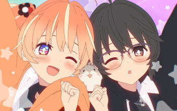 +_+ 2girls 3d arm_up bad_fanbox_id bad_id bad_source black_choker black_hair black_hoodie blender_(medium) blonde_hair blush bright_pupils cel_rendering cel_shading choker dot_nose expressionless flower glasses hair_flower hair_ornament hamster hand_up hood hood_down hoodie looking_at_another looking_at_viewer medium_hair multicolored_eyes multicolored_hair multiple_girls one_eye_closed open_mouth orange_hair orange_hoodie outstretched_arm parted_lips pink_eyes portrait purple_eyes rin_(rinrinne) rinne_(rinrinne) rinrinne rinrinne39_(artist) semi-rimless_eyewear short_hair short_twintails siblings side-by-side sisters smile streaked_hair turtleneck twintails virtual_youtuber white_pupils