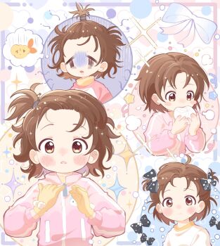 1girl ahoge black_bow bow brown_hair commentary_request confetti eating food gloom_(expression) gloves hair_bow hair_tie highres ice_beno jacket looking_at_viewer medalist_(manga) multiple_views pink_jacket shrimp shrimp_tempura star_(symbol) steamed_bun tempura yellow_gloves yuitsuka_inori zipper_pull_tab