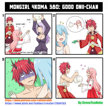 absurdres benimaru_(tensura) blue_hair condom cum english_text greenteaneko highres horns implied_sex knife purple_eyes purple_hair ranch rimuru_tempest shion_(tensura) shuna_(tensura) single_horn tensei_shitara_slime_datta_ken