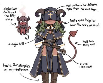 2girls :3 absurdres arrow_(symbol) belt black_capelet black_dress black_hat black_shirt black_shoes black_thighhighs boots bottomless brown_belt brown_boots brown_gloves brown_hair capelet chibi cleric cleric_(orenjipiiru) colored_skin cross cross_print demon_girl demon_horns demon_wings diagram disobedient_devil_(orenjipiiru) dress drill_hair english_text floating gloves green_hair hand_on_own_hip hat hat_over_eyes highres horns loli long_hair long_sleeves looking_at_viewer multiple_girls o_o orenjipiiru original pointy_ears print_capelet print_hat red_skin shirt shoes side_slit single_drill smile smoke standing tears thighhighs white_background wings