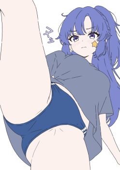 Rule 34 | 1girl, ass, black shirt, blue archive, blue buruma, blush, breasts, buruma, crotch, dot nose, from below, gym uniform, highres, long hair, looking at viewer, medium breasts, official alternate costume, official alternate hairstyle, parted bangs, ponytail, purple eyes, purple hair, shirt, short sleeves, sidelocks, simple background, solo, star (symbol), star sticker, sticker, sticker on face, thighs, white background, yuuka (blue archive), yuuka (track) (blue archive), zzzzblue194725