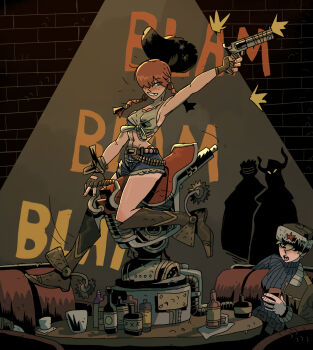 2girls alcohol arm_up bar_(place) belt blue_shorts blue_sweater blush boots bottle braid breasts brick_wall brown_belt brown_footwear brown_hat bullet_hole couch cowboy_boots cowboy_hat cowgirl_(western) fingerless_gloves freckles front-tie_top gloves green_eyes grin gun handgun hat highres ho-uja holding holding_gun holding_weapon korean_commentary looking_at_viewer machinery missing_tooth mixed-language_commentary multiple_girls original red_hair revolver rodeo short_shorts shorts silhouette sitting small_breasts smile sound_effects spurs sweater tan tanline twin_braids weapon