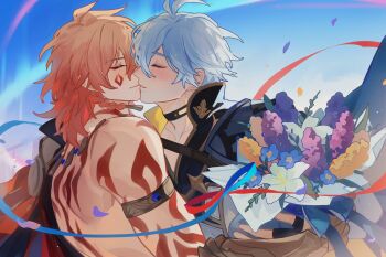 Rule 34 | 2boys, antenna hair, arm tattoo, armlet, armor, back tattoo, black choker, black coat, black shirt, blonde hair, blue cape, blush, bouquet, braid, cape, chinese commentary, choker, clawed gauntlets, closed eyes, coat, commentary request, earrings, elims, facial tattoo, flower, gold earrings, gold necklace, gradient hair, highres, holding, holding bouquet, honkai: star rail, honkai (series), jewelry, kiss, male focus, medium hair, multicolored hair, multiple boys, mydei (honkai: star rail), neck tattoo, necklace, open clothes, open coat, pauldrons, phainon (honkai: star rail), red cape, red hair, red tattoo, shirt, short hair, shoulder armor, side braid, side cape, single pauldron, sun symbol, sun tattoo, tan, tattoo, white coat, white hair, yaoi