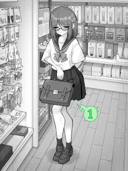 Rule 34 | 1girl, bag, blush, closed eyes, closed mouth, collarbone, commentary request, flat chest, glasses, highres, holding, holding bag, implied vibrator, indoors, kakuremino7928, large variant set, medium hair, miniskirt, monochrome, original, paid reward available, pleated skirt, sailor collar, sailor shirt, school uniform, semi-rimless eyewear, serafuku, shirt, shoes, short sleeves, skirt, socks, solo, standing, trembling, under-rim eyewear, variant set