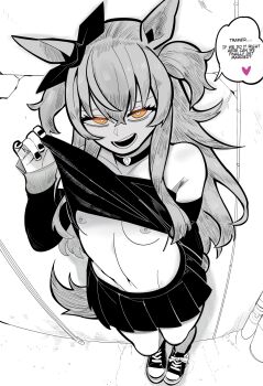 alley belly black_skirt breasts choker commentary english_commentary english_text flirting greyscale heart heart-shaped_pupils highres kunitoro_(artist) lifting_own_clothes looking_at_viewer looking_down mayano_top_gun_(umamusume) monochrome navel open_mouth orange_eyes seductive_smile skirt small_breasts smile speech_bubble symbol-shaped_pupils umamusume