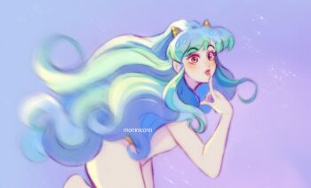 1girl absurdres artist_name eyeshadow from_side green_hair highres horns long_hair lum makeup midriff moniniconii oni orange_eyes purple_background red_lips sidelocks simple_background urusei_yatsura