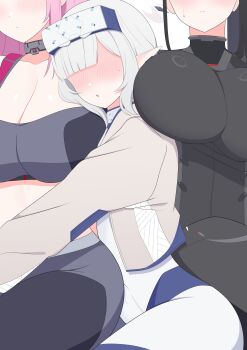 Rule 34 | 3girls, absurdres, black bodysuit, black hair, black pants, black sports bra, blue archive, blunt bangs, blush, bodysuit, breast press, breasts, brown jacket, bulge, cleavage, closed mouth, collar, commentary request, earclip, eimi (armed) (blue archive), eimi (blue archive), erection, erection under clothes, futa with female, futanari, girl sandwich, grey hair, grey pants, grey sports bra, head-mounted display, head on chest, head out of frame, highres, himari (armed) (blue archive), himari (blue archive), jacket, large breasts, long hair, long sleeves, makkura!, metal collar, midriff, multiple girls, no eyes, nose blush, official alternate costume, open clothes, open jacket, pants, parted lips, pink hair, pointy ears, rio (armed) (blue archive), rio (blue archive), sandwiched, simple background, sitting, sports bra, sweatdrop, two-tone pants, two-tone sports bra, white background, white bodysuit