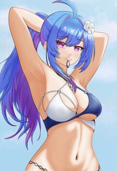 Rule 34 | 1girl, absurdres, arms behind head, azur lane, bikini, blue hair, blush, breasts, cleavage, commentary, english commentary, flower, hair between breasts, hair between eyes, hair flower, hair ornament, happy, helena (azur lane), helena (shimmering triangle wave) (azur lane), highres, hip focus, long hair, medium breasts, mouth hold, multicolored bikini, multicolored hair, navel, ponytail, purple eyes, purple hair, smile, solo, stomach, swimsuit, two-tone bikini, two-tone hair, tying hair, upper body, very long hair, white flower, wororg