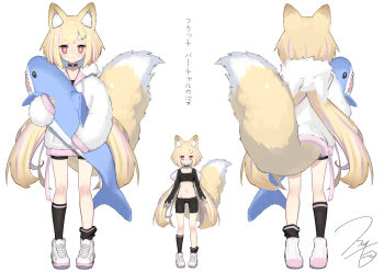 Rule 34 | 1girl, absurdres, animal ear fluff, animal ear hood, animal ears, bike shorts, black choker, black socks, blonde hair, bright pupils, choker, commentary, fake animal ears, fox ears, fox girl, fox tail, from behind, fukutchi, full body, hair ornament, hairclip, highres, holding, holding stuffed toy, hood, hoodie, long hair, low twintails, multiple views, o-ring, o-ring choker, original, red eyes, shoes, signature, simple background, socks, standing, stuffed animal, stuffed shark, stuffed toy, tachi-e, tail, twintails, very long hair, white background, white hoodie, white pupils, white shoes
