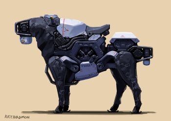 artist_name commentary_request from_side full_body highres horse hozumi_sousei mecha no_humans non-humanoid_robot original robot robot_animal robot_horse science_fiction simple_background yellow_background