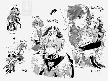 2boys arm_around_shoulder blood blood_on_face blunt_ends blush bodysuit boots bridal_gauntlets carrying chest_jewel closed_eyes closed_mouth coat crossed_bangs dragon_boy dragon_tail dragon_wings eyelashes facial_mark facing_to_the_side flying forehead_mark genshin_impact gnsn_tera greyscale hair_between_eyes hakama hakama_shorts halo halo_behind_head hands_on_feet heart-shaped_gem highres japanese_clothes kimono level_difference looking_at_another looking_past_viewer looking_to_the_side mandarin_collar mini_durin_(genshin_impact) mini_durin_(human)_(genshin_impact) monochrome multiple_boys pants pleated_shorts puff_of_air sandals scaramouche_(genshin_impact) shorts shoulder_carry single_off_shoulder symbol-shaped_pupils tail tearing_up trembling triangle-shaped_pupils tsurime wanderer_(genshin_impact) watermark wide-eyed wings