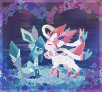 @_@ animal_focus blue_eyes blue_fur blush bow closed_mouth colored_eyelashes full_body gen_4_pokemon gen_6_pokemon glaceon highres kiss kissing_forehead mr_h202 nintendo no_humans pink_fur pokemon pokemon_(creature) pokemon_focus purple_background ribbon simple_background sitting standing sylveon two-tone_fur white_fur