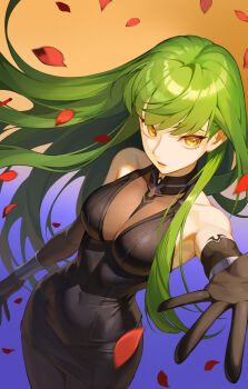 1girl black_dress black_gloves breasts brown_eyes c.c. code_geass dress falling_petals floating_hair gloves gradient_background green_hair highres iamc95 long_hair looking_at_viewer medium_breasts pantyhose parted_lips pencil_dress petals reaching reaching_towards_viewer short_dress sleeveless sleeveless_dress solo