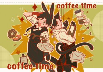 2boys ^^^ animal_ears apron barista black_apron black_gloves black_hair black_necktie black_pants brown_shoes chinese_commentary clipboard coffee coffee_beans coffee_mug coffee_pot collared_shirt colored_lineart commentary_request cup donut english_text film_grain flower food gloves green_eyes highres holding holding_clipboard kemonomimi_mode klein_moretti leonard_mitchell lord_of_the_mysteries male_focus mug multiple_boys necktie no_sclera old_xianchi open_mouth pants rabbit_ears red_gloves shirt shoes short_hair sleeves_rolled_up smile spilling sugar_cube surprised tray white_flower white_shirt