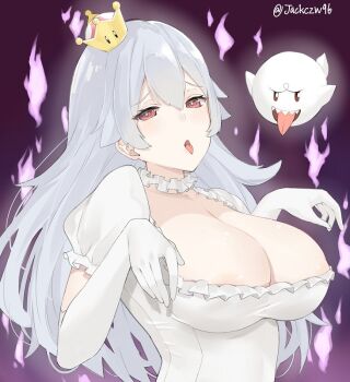 1girl areola_slip breasts cleavage colored_tongue crown dress female_focus frilled_dress frilled_gloves frills ghost_pose gloves j@ck large_breasts long_hair looking_at_viewer luigi's_mansion mario_(series) mini_crown new_super_mario_bros._u_deluxe nintendo princess_king_boo purple_tongue red_eyes sharp_teeth silver_hair solo super_crown teeth tongue tongue_out upper_body white_dress