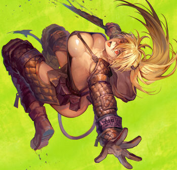 1girl apron ass blonde_hair breasts butt_crack commentary dorohedoro gloves holding holding_knife horns knife large_breasts long_hair naked_apron nikaidou_(dorohedoro) open_mouth panco ponytail red_eyes solo tail weapon