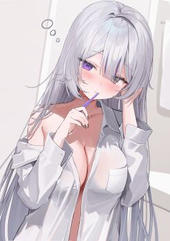 1girl absurdres black_nails breasts brushing_teeth cleavage commentary_request commission grey_eyes grey_hair hands_up heterochromia highres indie_virtual_youtuber iruka3 large_breasts long_hair long_sleeves naked_shirt no_bra open_clothes open_shirt purple_eyes second-party_source shirt single_bare_shoulder single_off_shoulder solo upper_body virtual_youtuber white_shirt yuase_(vtuber)
