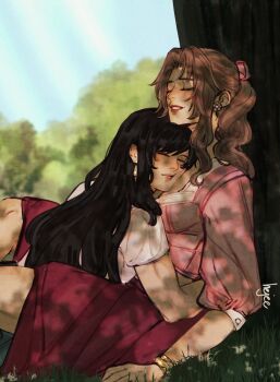 2girls aerith_gainsborough black_hair blue_sky brown_hair closed_eyes closed_mouth commentary cuddling day english_commentary final_fantasy final_fantasy_vii final_fantasy_vii_remake grass hejee highres hug long_hair multiple_girls open_mouth outdoors pink_shirt purple_skirt red_lips shirt skirt sky smile tifa_lockhart tree yuri