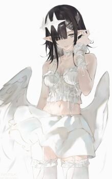 1girl absurdres adjusting_hair bare_shoulders black_hair breasts camisole commentary cowboy_shot fuyutsuki11 garter_straps grey_eyes hair_ornament hair_over_one_eye hand_up highres leise_(fuyutsuki11) long_hair long_sidelocks looking_at_viewer medium_breasts midriff miniskirt navel neck_ribbon original parted_lips pointy_ears ribbon sidelocks simple_background skirt solo symbol-only_commentary thighhighs white_background white_camisole white_ribbon white_skirt white_thighhighs white_wings wings