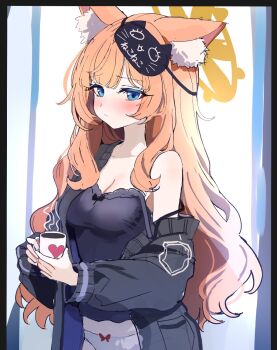 Rule 34 | 1girl, animal ear fluff, animal ears, black camisole, black cardigan, blue archive, blue eyes, breasts, camisole, cardigan, cat ears, cat girl, cleavage, coffee, coffee mug, cup, halo, highres, holding, holding cup, long hair, mari (blue archive), mask, mask on head, medium breasts, mug, open cardigan, open clothes, orange hair, panties, sak (lemondisk), sleep mask, solo, underwear, white panties, yellow halo