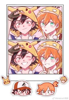 1boy 1girl :o artist_request ash_ketchum baseball_cap black_eyes black_hair blush blush_stickers brown_eyes chibi chibi_inset closed_mouth cosplay emoji fingerless_gloves gen_1_pokemon gloves green_eyes gym_leader hair_between_eyes hand_up hat hetero hood hood_up looking_at_viewer misty_(pokemon) nintendo one_eye_closed open_mouth orange_hair pikachu pokemon pokemon_(anime) pokemon_(classic_anime) ponytail psyduck shirt short_hair side_ponytail smile source_request teeth yellow_shirt