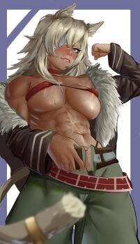 1girl abs animal_ears bikini breasts choker dark-skinned_female dark_skin eyepatch female_pubic_hair flexing fur_trim ghislaine_dedoldia highres jacket large_breasts long_hair micro_bikini mon_eree muscular muscular_female mushoku_tensei navel panties pubic_hair red_eyes scar scar_on_face scar_on_stomach solo sweat swimsuit tail underwear