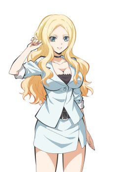 Rule 34 | 1girl, anime coloring, ansatsu kyoushitsu, belt, black belt, black camisole, black choker, blonde hair, blue eyes, breasts, camisole, choker, cleavage, collarbone, cowboy shot, formal clothes, hand in own hair, hand up, higami aya, highres, irina jelavic, jacket, large breasts, lips, long hair, long sleeves, looking at viewer, official art, parted bangs, pencil skirt, side slit, sidelocks, simple background, skirt, sleeves rolled up, smile, solo, standing, suit, suit jacket, tachi-e, thighs, transparent background, wavy hair, white suit