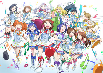 6+girls :d age_difference ahoge akizuki_ritsuko amami_haruka antenna_hair beamed_eighth_notes beamed_sixteenth_notes black_hair blonde_hair blue_hair boots brown_eyes brown_hair child closed_eyes collared_vest commentary_request cropped_jacket eighth_note flat_sign futami_ami futami_mami ganaha_hibiki green_eyes grey_hair grey_vest grin hagiwara_yukiho highres holding_hands hoshii_miki idolmaster idolmaster_(classic) idolmaster_shiny_festa jacket kikuchi_makoto kisaragi_chihaya lace-up_boots lapels long_hair minase_iori miniskirt miura_azusa mofu_(mof_swimradio) multiple_girls musical_note notched_lapels open_mouth orange_hair ponytail purple_eyes quarter_note sharp_sign shijou_takane short_hair short_sleeves side_ponytail skirt smile standing symphony_no._765_(idolmaster) takatsuki_yayoi treble_clef twintails vest white_boots white_jacket white_skirt whole_note