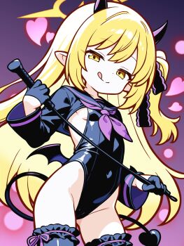 1girl black_gloves black_leotard blonde_hair blue_archive breasts cowboy_shot demon_girl demon_horns demon_tail gloves gradient_background halo highleg highleg_leotard highres horns ibuki_(blue_archive) leotard long_hair pointy_ears shishiejo_(sisieho1) small_breasts smile solo tail tongue tongue_out very_long_hair yellow_eyes yellow_halo