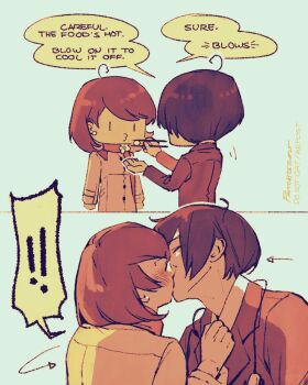 ! !! 1boy 1girl blowing blue_hair blush brown_hair chopsticks coat commentary couple earphones_removed earrings english_commentary english_text feeding flipped_hair flower hetero holding holding_chopsticks jewelry kiss leaning_forward long_sleeves looking_at_another motion_lines official_alternate_costume paaaatchieee pearl_earrings persona persona_3 pink_scarf puckered_lips scarf sepia short_hair signature speech_bubble spoken_exclamation_mark stud_earrings surprise_kiss surprised takeba_yukari upper_body yuuki_makoto_(persona_3)