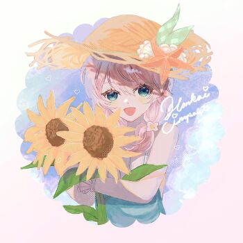 1girl :d bare_shoulders blue_dress blue_eyes brown_hat character_request copyright_name cropped_torso douxfantasme dress flower hair_between_eyes hair_over_shoulder hat heart highres honkai_(series) honkai_impact_3rd hugging_object looking_at_viewer low_twintails open_mouth pink_hair smile solo straw_hat sunflower twintails upper_body wrist_cuffs yellow_flower