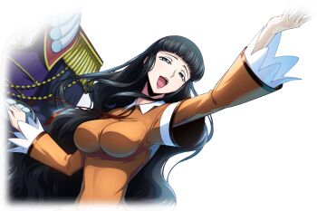 1boy 1girl black_hair breasts charles_zi_britannia code_geass code_geass:_lost_stories dress f4samurai game_cg highres large_breasts long_hair looking_at_viewer marianne_vi_britannia official_art orange_dress purple_eyes smile solo very_long_hair