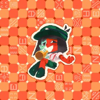 Rule 34 | 1girl, asymmetrical legwear, black eyes, black hair, bob cut, chibi, chibi only, colored skin, commentary, ena: dream bbq, ena (dream bbq), ena (series), english commentary, full body, green skin, hat, highres, ikitakawa, megaphone, multicolored skin, open mouth, optical illusion, orange background, primrose field illusion, red skin, salesperson ena, short hair, short sleeves, shorts, smile, solo, split-color skin, suspenders