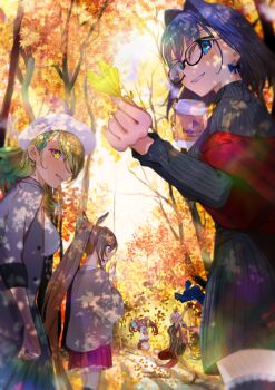 5girls absurdres alternate_costume animal_ears autumn black-framed_eyewear black_streaks black_sweater blue_hair blush brown_eyes brown_hair ceres_fauna closed_eyes closed_mouth commentary dark-skinned_female dark_skin english_commentary feather_hair_ornament feathers glasses green_hair green_streaks grey_jacket hair_ornament hakos_baelz hat highres holding holding_leaf holocouncil hololive hololive_english iris_(tb33064667) jacket leaf long_hair looking_at_viewer mole mole_under_eye mouse_ears mouse_girl multicolored_hair multiple_girls nanashi_mumei open_mouth ouro_kronii ponytail red_hair red_skirt skirt smile streaked_hair sweater tsukumo_sana very_long_hair white_hair white_hat white_jacket yellow_eyes