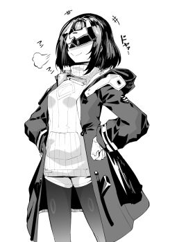 1girl arknights arknights:_endfield bad_tag coat commentary_request edobox endministrator_(arknights) female_endministrator_(arknights) hands_on_own_hips highres jacket long_sleeves mask open_clothes open_jacket short_hair smile solo sparkle standing white_background