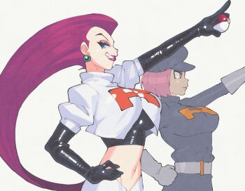 2girls alternate_breast_size arm_up belt black_dress black_gloves black_hat breasts crop_top dress earrings elbow_gloves expressionless eyeshadow flat_cap from_side gem gloves green_gemstone grey_belt grey_gloves grin hair_slicked_back hand_on_own_hip hat highres holding holding_poke_ball index_finger_raised inkerton-kun jessie_(pokemon) jewelry large_breasts lipstick long_hair long_sleeves looking_at_viewer makeup multiple_girls navel newsboy_cap nintendo outstretched_arm pink_eyes pink_hair pink_lips poke_ball poke_ball_(basic) pokemon pokemon_(anime) pokemon_(classic_anime) pokemon_hgss profile puffy_short_sleeves puffy_sleeves purple_eyeshadow purple_hair purple_lips salute shirt short_dress short_hair short_sleeves sideways_glance simple_background single_letter skirt smile sphere_earrings team_rocket team_rocket_grunt team_rocket_uniform turtleneck upper_body white_background white_shirt white_skirt