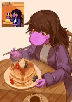 1girl absurdres blueberry brown_eyes brown_hair chair colored_sclera commentary cup deltarune derivative_work drink english_commentary food fork from_above fruit highres holding holding_fork jacket long_hair long_sleeves nostrils pancake pancake_stack plate purple_jacket reference_inset saucer screenshot_redraw shadches72 shirt solo susie_(deltarune) syrup table teacup tomboy utdr_(toby_fox) white_background white_shirt yellow_sclera