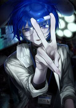 1girl absurdres black_collar black_sweater blue_eyes blue_hair blunt_bangs coat collar glasses highres id_card looking_at_viewer mask mask_around_one_ear mouth_mask original oxo_404 pill short_hair sleeves_rolled_up solo surgical_light sweater turtleneck v white_coat