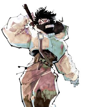 1boy absurdres black_hair black_scarf commentary cowboy_shot cropped_jacket english_commentary grey_pants highres holding holding_behind_back holding_weapon_behind_back hood hood_down hooded_jacket jacket long_sleeves looking_at_viewer male_focus miregeist original pants red_eyes scarf short_hair simple_background solo white_background white_jacket