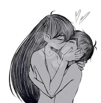 1boy 1girl ^_^ age_difference ahoge antenna_hair breasts brother_and_sister cabronpr cleavage closed_eyes collarbone commentary completely_nude couple english_commentary fingernails french_kiss from_side greyscale hand_on_another's_back hand_on_another's_cheek hand_on_another's_face hand_on_another's_neck hatching_(texture) heart heavy_breathing hetero highres hug incest kiss long_hair mari_(faraway)_(omori) mari_(omori) medium_breasts monochrome nude omori onee-shota short_hair shota siblings simple_background sunny_(omori) sweat teenage_girl_and_younger_boy u_u upper_body very_long_hair very_short_hair white_background