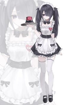 1girl apron black_dress black_eyes black_hair bow bowtie character-themed_food collar diagonal_bangs dress full_body hair_ornament hair_over_one_eye heart_pin highres himexuime holding holding_plate looking_at_viewer maid maid_apron maid_headdress needy_girl_overdose pien_cat_(needy_girl_overdose) pigeon-toed plate sandals sidelocks solo standing thighhighs twintails white_thighhighs wrist_cuffs x_hair_ornament zettai_ryouiki zoom_layer