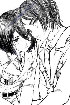 1boy 1girl 5nd_0mc belt belt_buckle black_belt black_hair bolo_tie breasts buckle closed_mouth collared_shirt cropped_jacket eren_yeager facial_scar greyscale hair_between_eyes medium_breasts mikasa_ackerman monochrome parted_bangs scar scar_on_cheek scar_on_face shingeki_no_kyojin shirt short_hair survey_corps_(emblem) upper_body white_background white_shirt
