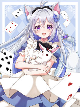 Rule 34 | 1girl, ahoge, alice's adventures in wonderland, alice (alice in wonderland), alice (alice in wonderland) (cosplay), animal, animal ear fluff, animal ears, apron, black bow, black hat, blue dress, bow, bowtie, braid, card, cat ears, cat girl, cat tail, commentary, cosplay, dress, english commentary, flower, frilled apron, frills, grey hair, hair bow, hair flower, hair ornament, hat, highres, holding, holding animal, holding rabbit, indie virtual youtuber, long hair, lumpy (vtuber), multicolored hair, open mouth, playing card, pleated dress, purple eyes, purple hair, rabbit, short sleeves, solo, tail, two-tone hair, virtual youtuber, white apron, white rabbit (animal), yui mirano