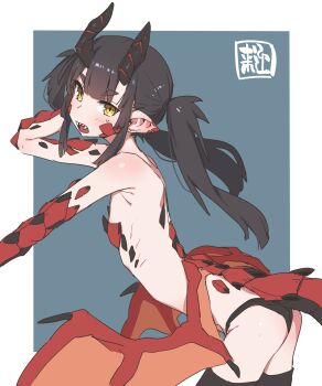 1girl akari_(raigou) alternate_species armpits black_panties black_thighhighs blue_background border dragon_girl dragon_horns dragon_tail dragon_wings highres horns open_mouth original outside_border panties pointy_ears raigou red_scales ribs scales seal_impression sharp_teeth sidelocks solo tail teeth thick_eyebrows thighhighs twintails underwear white_border wings yellow_eyes