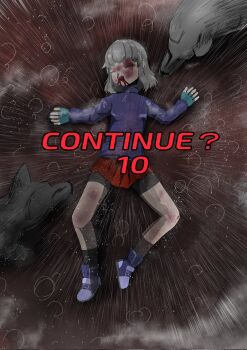 1girl animal aqua_gloves bike_shorts bike_shorts_under_skirt blood blood_from_mouth bruise bruise_on_face bruise_on_leg closed_eyes commentary_request continue defeat dog fingerless_gloves from_above game_over gloves grey_hair highres injury jacket koryokov lying medium_hair nosebleed on_back on_ground open_mouth original purple_jacket purple_shoes rain red_skirt ryona shoes skirt socks