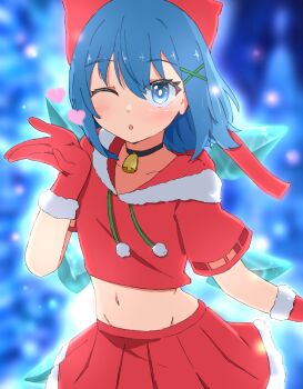 alternate_costume bell blowing_kiss blue_eyes blue_hair bow choker cirno cropped_hoodie hair_bow hood hoodie ice ice_wings jingle_bell light_blush looking_at_viewer medium_hair miniskirt mizune_(winter) neck_bell one_eye_closed pleated_skirt red_bow red_hoodie red_skirt santa_costume skirt touhou wings